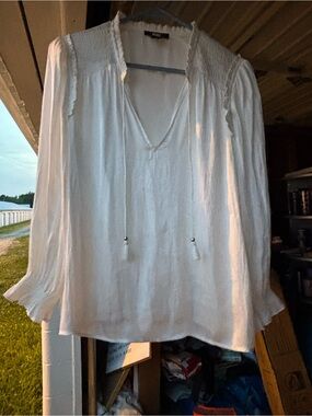 Paige White Smocked V-Neck Peasant Blouse with Tassel Ties - Women